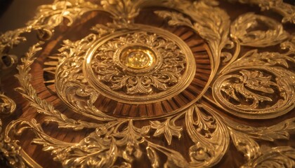 Exquisite close-up of ornate gilded wood carving, showcasing intricate details and the luxurious texture of golden craftsmanship.