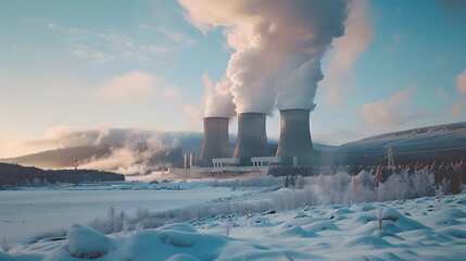 Nuclear power plant with smoke coming out of the towers against a blue sky. A landscape with a nuclear energy station and white cloud in a winter day. Green energy concept