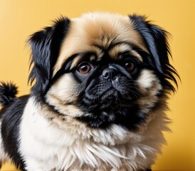 A small, fluffy black and white dog with big brown eyes sitting on a yellow background.