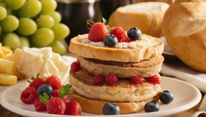 Light and fluffy breakfast pancakes are elegantly stacked and topped with an assortment of fresh berries, ready for a delectable morning stock photo shoot.