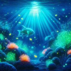 Fototapeta na wymiar Neon underwater world and fish