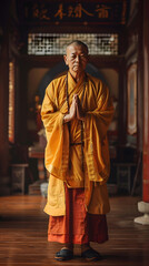 Naklejka premium Picture a 50-year-old Chinese monk standing gracefully in a famous temple. His face and facial features are slightly plump