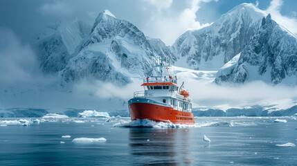 A large red boat is traveling through icy waters