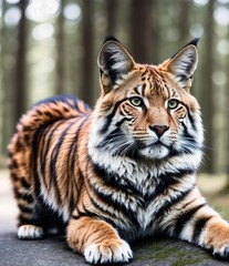 Fototapeta premium A tiger lying on the ground, looking up at the camera.
