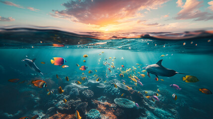 Fototapeta na wymiar Delphine und bunte Fische, Unterwasser in der goldenen Stunde