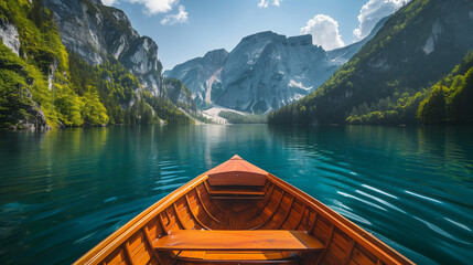 A small boat is floating on a lake with mountains in the background - obrazy, fototapety, plakaty