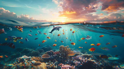 Fototapeta na wymiar Delphine und bunte Fische, Unterwasser in der goldenen Stunde
