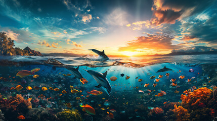 Delphine und bunte Fische, Unterwasser in der goldenen Stunde