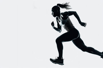 Fototapeta na wymiar Woman runner in silhouette on white background. Dynamic movement. Side view