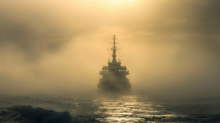 A large ship is sailing through foggy waters - obrazy, fototapety, plakaty