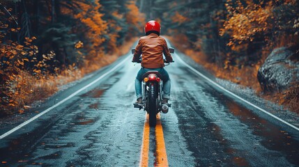 A lone motorcyclist rides towards a blazing horizon on a desolate road, encapsulating a sense of impending doom and adventure - obrazy, fototapety, plakaty