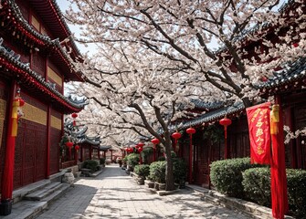 A street lined with red and white buildings with cherry blossom trees in the background.