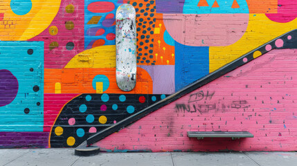 A colorful mural with a skateboard leaning against it