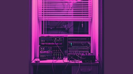 A retro music studio setup cast in a purple hue showcasing a collection of vintage music equipment - obrazy, fototapety, plakaty