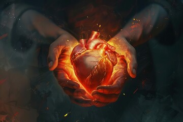Glowing human heart in open hands, love and compassion concept, digital painting