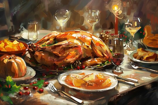 Christmas dinner table with festive decorations, roasted turkey and sides, elegant place settings, digital painting