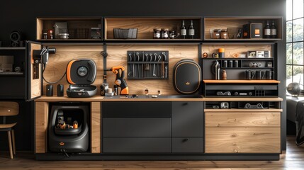 A well-composed photograph of a contemporary kitchen setup with a smart arrangement of high-end appliances and utensils - obrazy, fototapety, plakaty