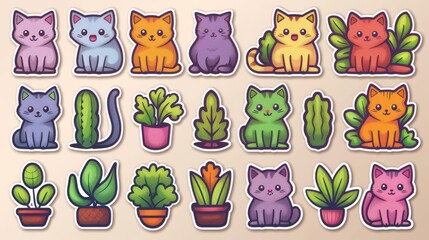 Adorable illustration featuring stylized colorful cats paired with various potted plants