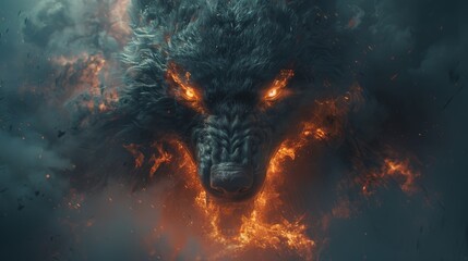 An intense, digitally-created representation of a fierce wolf with glowing eyes amidst a storm, evoking power and mystery