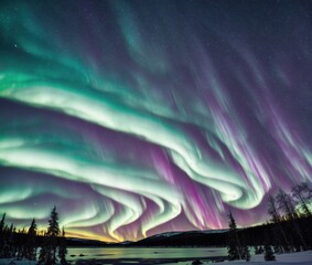 A beautiful aurora borealis display in the sky over a frozen lake and snowy trees.