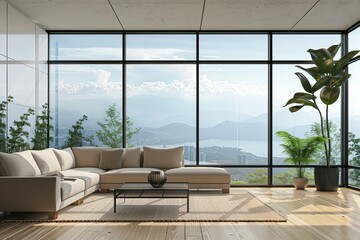 Modern living room interior with large window, minimalist furniture and decor, AI generated image