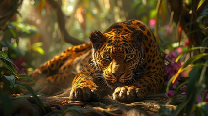 The image portrays a lifelike rendering of a young leopard resting on a colorful fabric, evoking a sense of relaxation and exoticism - obrazy, fototapety, plakaty