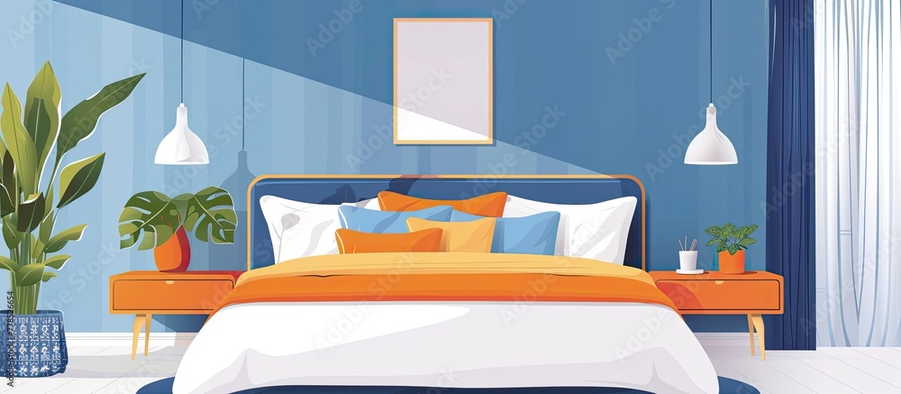 Sticker a bedroom with a bed, nightstands, and plants features electric blue walls. the facade of the buildi