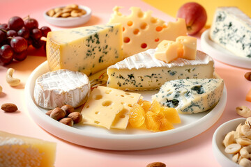 An artistic depiction of a cheese platter, with a variety of cheeses, nuts, 