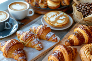 An artisanal coffee and pastry brunch setup, with a variety of freshly baked croissants, Danish pastries, and artisan breads. 