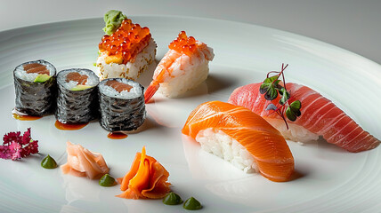An assortment of fresh sushi and sashimi, elegantly arranged on a minimalist, white plate.  - Powered by Adobe