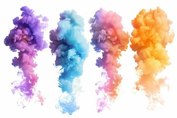 Set of colorful smoke bomb explosions on white background, vibrant abstract texture, digital art