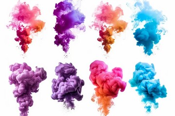 Set of colorful smoke bomb explosions on white background, vibrant abstract texture, digital art