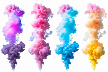 Set of colorful smoke bomb explosions on white background, vibrant abstract texture, digital art