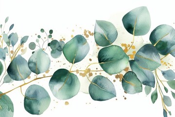 Wedding bouquet with green and gold watercolor eucalyptus leaves, elegant floral illustration, digital painting