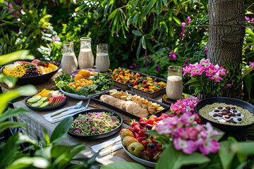 An elegant outdoor brunch setup in a lush garden, with a beautifully laid table featuring vegan brunch options including quinoa salad bowls, fresh fruit platters