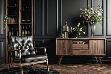 Modern luxury living room interior with black walls, dark leather armchair, wooden console table, and cocktail glasses, 3D rendering