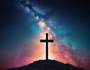 cross on the hill at night with starry sky and galaxies background