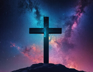 cross on the hill with starry night and galaxies background