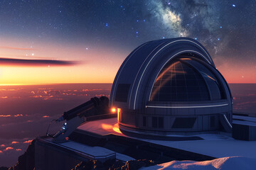 An image of a sleek, modern astrophysical observatory at twilight, with the dome open and the...