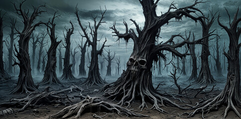 Haunted forest of dead skull trees, desolate cursed landscape shrouded in poisonous fog where no living being can survive.  - obrazy, fototapety, plakaty