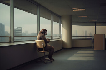 A monkey dressed like a businessman and sitting at the table