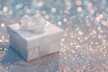 Silver gift box with a shiny ribbon bow on the light blurry background with circle bokeh. Good for...