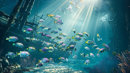 An underwater scene capturing a school of iridescent fish swimming in harmony near a sunken ship, with rays of sunlight filtering through the water above.