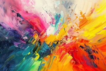 Rough, bold abstract painting with explosion of vibrant rainbow colors and expressive oil brushstrokes on canvas, artistic background illustration - obrazy, fototapety, plakaty