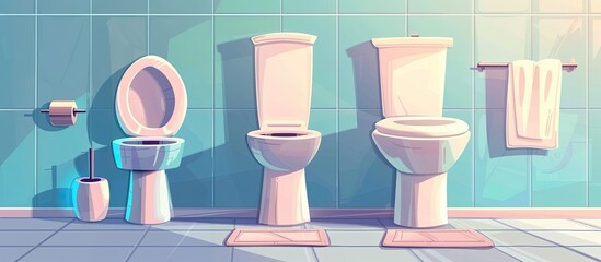 A bathroom with three electric blue toilets, a rectangle toilet brush, and circle drinkware displayed as art. The font and thigh of the machine add a touch of purple to the room - obrazy, fototapety, plakaty
