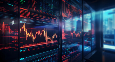 A stock market with glowing trading charts