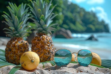 Beach Accessories On Tropical Sand And Seashore - Summer Vacations, strong sunlight - generative ai