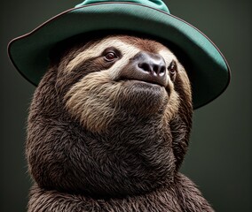 Fototapeta premium A sloth wearing a hat and looking at the camera.