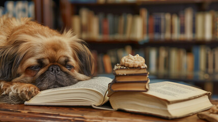A Brussels Griffon in a cozy bookstore, curled up next to a stack of books with a treat that...