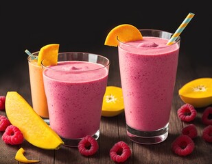 A glass of pink smoothie with slices of mango and strawberries on the side. - obrazy, fototapety, plakaty